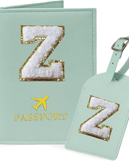 COSHAYSOO Green Passport Cover and Initial Luggage Tag Set TSA Approved with Preppy Chenille Letter Patch for Women Girl Teens, 2023 Trendy Travel Bag Backpack Suitcase Identifier Essential Gifts (Z)