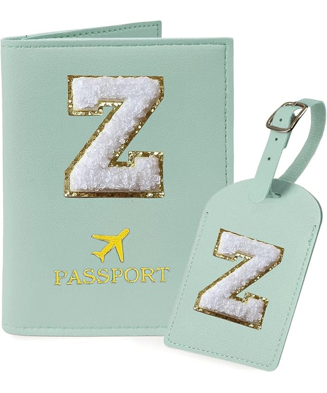 COSHAYSOO Green Passport Cover and Initial Luggage Tag Set TSA Approved with Preppy Chenille Letter Patch for Women Girl Teens, 2023 Trendy Travel Bag Backpack Suitcase Identifier Essential Gifts (Z)
