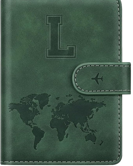 Personalized L Passport Holder Cover Initial Letter Travel Wallet RFID Blocking Passport Cover Credit Card Holder Case Passport Book Holders for Women and Men, Pine Green-L