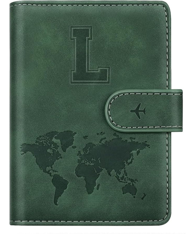 Personalized L Passport Holder Cover Initial Letter Travel Wallet RFID Blocking Passport Cover Credit Card Holder Case Passport Book Holders for Women and Men, Pine Green-L