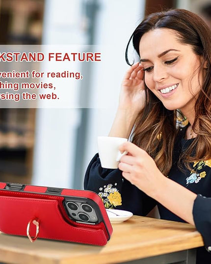 Folosu Compatible with iPhone 16 Pro Max Case Wallet with Card Holder, 360°Rotation Finger Ring Holder Kickstand, RFID Blocking Leather Protective Double Buttons Shockproof Cover 6.9 Inch Red