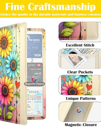 Car Registration and Insurance Holder with Magnetic Closure, Universal Document Organizer for License, Insurance Cards & Glove Box Storage (Sunflower-Colorful)