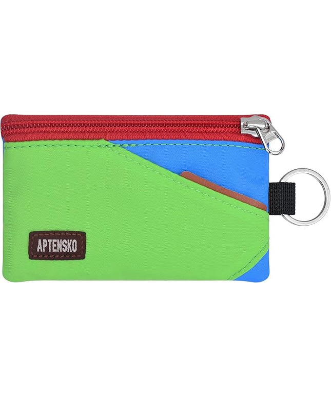 RFID Travel Wallet with Adjustable Lanyard-Zipper Small Wallet with ID Card Holder, Keychain for women&men-Minimalist Slim Waterproof Nylon case for ID, Cash, Key (Green+SkyBlue)