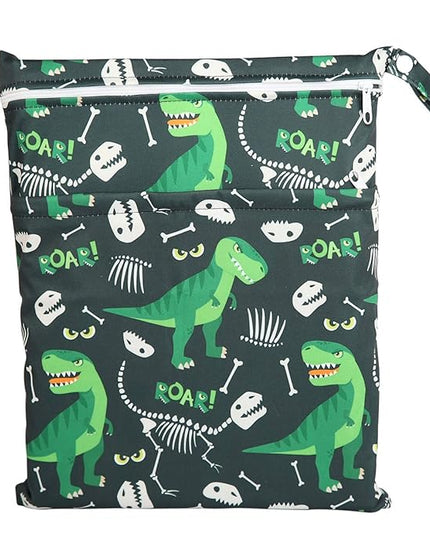 Wet Bag Baby Cloth Diaper Nappy Bag Reusable With Two Zippered Pockets Boys (Green Dinosaur)