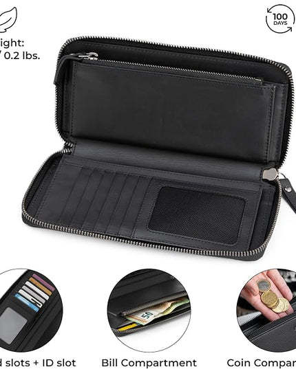 BERLINER BAGS Premium Genuine Leather Wallet Margo, RFID Blocking Credit Card Holder, Slim Womens Wallet, Zip Around Wallet for 13 Cards and ID window, Bills, Coins - Black