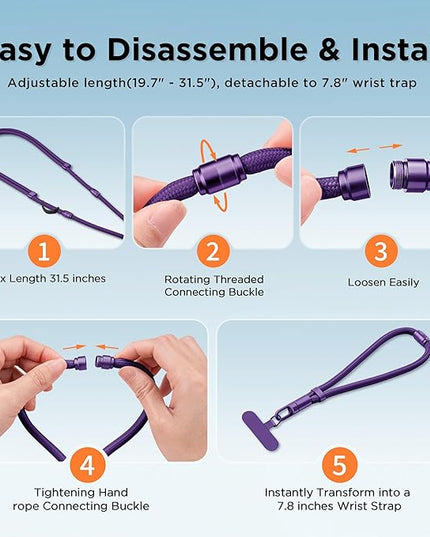 3-in-1 Cell Phone Lanyard 1 Pack + Wrist Strap 1 Pack - Convertible Crossbody Strap with Locking Knob Friendly, Adjustable Neck Lanyard for Gym/Work/Travel Essentials(Purple)
