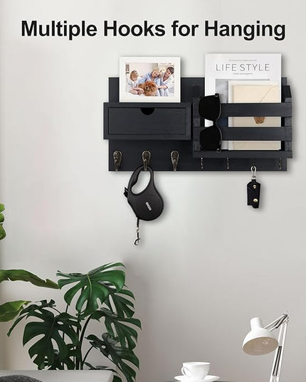 Lwenki Wall Mount Key Holder with Mail Organizer, 100% Paulownia Wood, 7 Metal Hooks, Storage Drawer, Entryway Home Decor (Black)