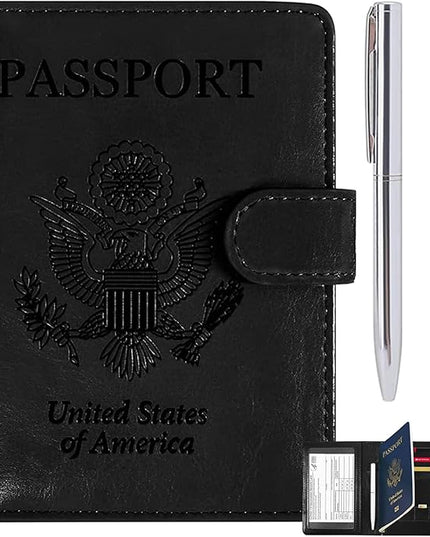 RSAquar Unisex Faux Leather Passport and Vaccine Card Holder Combo, Black, Slim and Lightweight with RFID Blocking Technology