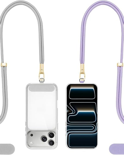 Dadanism Phone Lanyard 2 Pack, 2x Adjustable Crossbody Phone Strap, 2x Tether Tab, Anti-theft Universal Cellphone Multifuctional Patch Lanyards for iPhone & Most Smartphones, Silver Grey + Purple