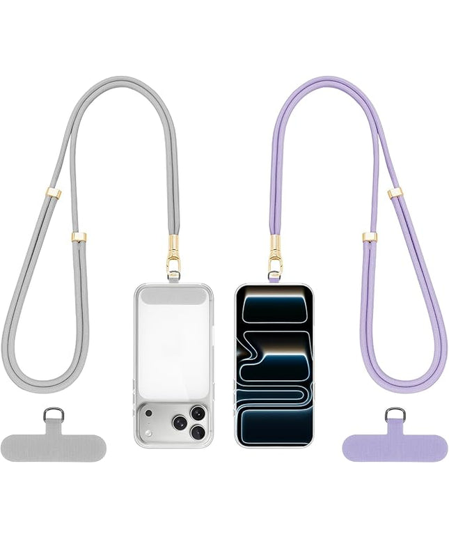 Dadanism Phone Lanyard 2 Pack, 2x Adjustable Crossbody Phone Strap, 2x Tether Tab, Anti-theft Universal Cellphone Multifuctional Patch Lanyards for iPhone & Most Smartphones, Silver Grey + Purple
