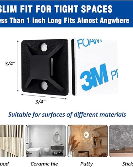 50 Set Cable Zip Tie Self Adhesive Mounts Kit with 6" Zip Ties, 3/4" Wire Holders Squares, Screws - Sticky Wire Fasteners Cable Clips Management Anchors Organizer