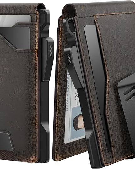 typecase Tactical Wallet for Men Card Holder: Pop Up Card Case, Full Grain Leather, Smart, RFID Blocking, Slim, Minimalist, Thin, Front Pocket - 10 Card Slots, ID Window, Money Clip (Burnished Black)