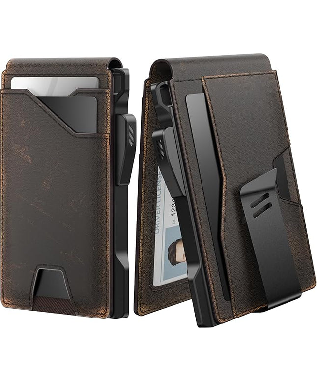 typecase Tactical Wallet for Men Card Holder: Pop Up Card Case, Full Grain Leather, Smart, RFID Blocking, Slim, Minimalist, Thin, Front Pocket - 10 Card Slots, ID Window, Money Clip (Burnished Black)