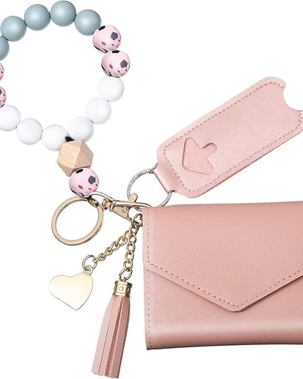 Weewooday Wristlet Bracelet Keychain Wallet Gift for Women Christmas Small Silicone Beaded Keyring Purse Leather Card Holder(Pink)
