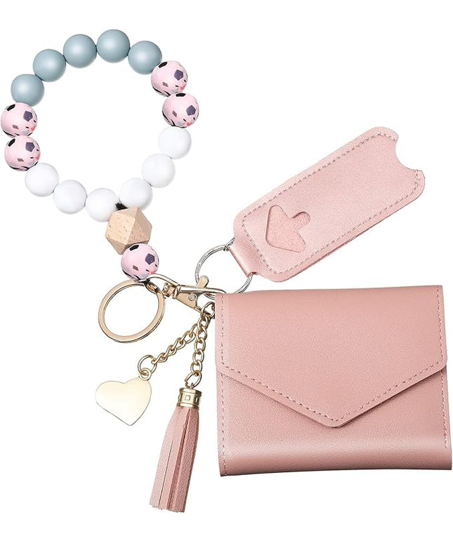 Weewooday Wristlet Bracelet Keychain Wallet Gift for Women Christmas Small Silicone Beaded Keyring Purse Leather Card Holder(Pink)