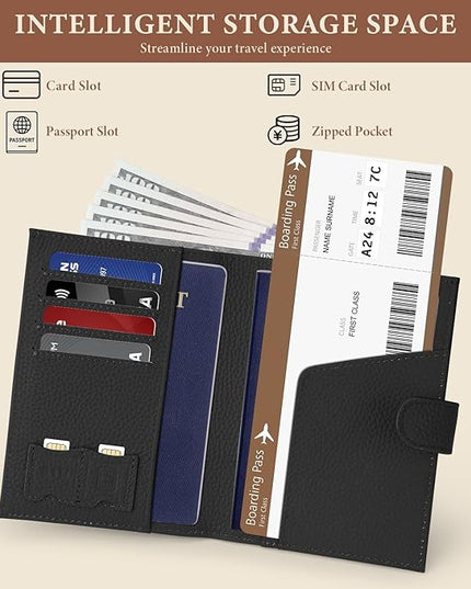 Genuine Leather Passport Holder for Women Men, Hidden Airtag Pocket, RFID Blocking, Zippered Coins Pocket & Cash Compartment Travel Gifts Essentials Passport Cover Case - Black