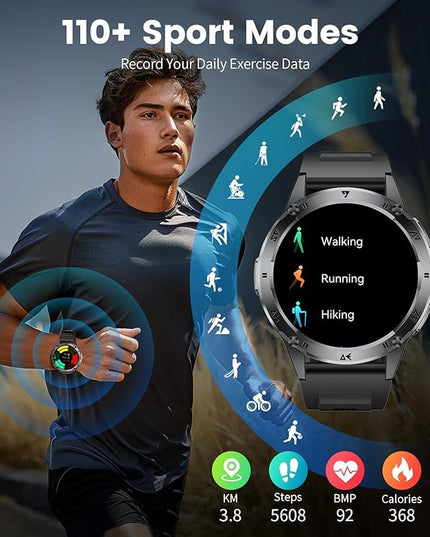 LIGE Military Smart Watch for Men iPhone Android 1.43" HD Amoled Rugged 110+ Sport Modes IP68 Waterproof Answer/Make Call Fitness Running Heart Rate Blood Pressure Health Mens Smartwatch