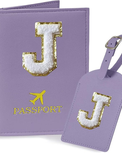 COSHAYSOO Purple Initial Passport Cover Holder and Luggage Tag Set TSA Approved with Chenille Letter Patch ABC for Women Teenage Girls, Travel Essentials Must Have Stuff Bag Suitcase Identifier (J)