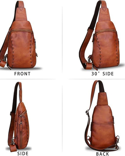 LRTO Genuine Leather Silng Bag for Women and Men Vintage Real Leather Sling Backpack Shoulder Crossbody Bag Chest Purse