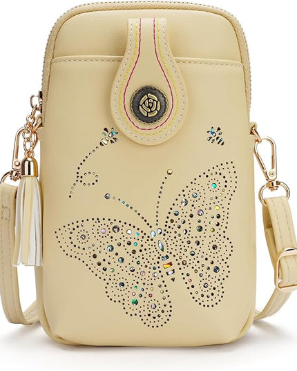 Small Crossbody Bags for Women, Lightweight Mini Cute Cell Phone Purse for Women with Tassel Shining Butterfly