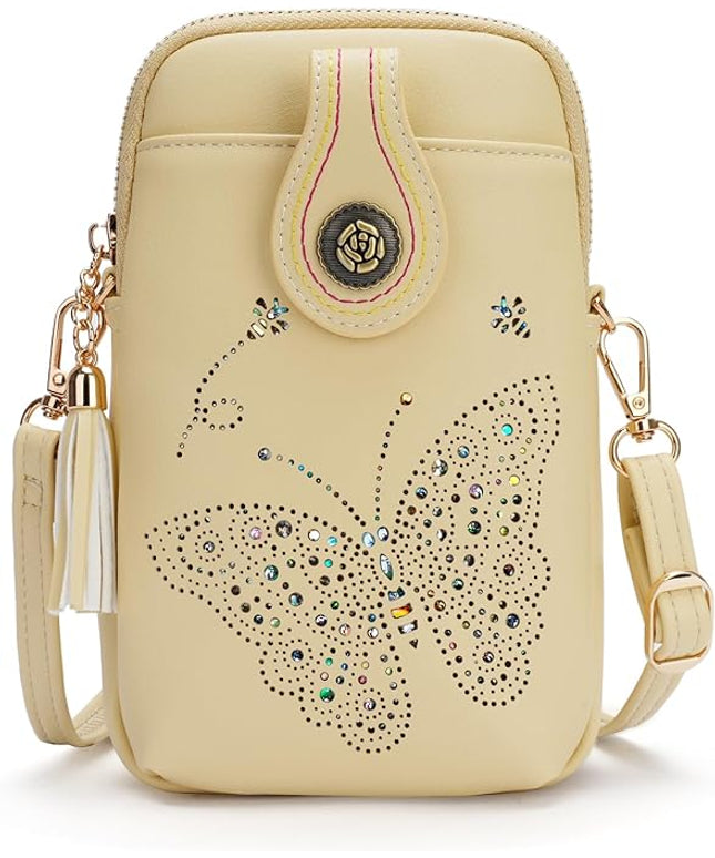 Small Crossbody Bags for Women, Lightweight Mini Cute Cell Phone Purse for Women with Tassel Shining Butterfly