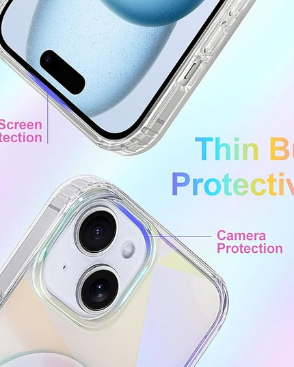 Cute Case for iPhone 15 Case for Women Girls [ Compatible with Magsafe ] Clear Glitter Girly Aesthetic Rainbow Sparkly Bling Magnetic Phone Cover, Iridescent Geometry