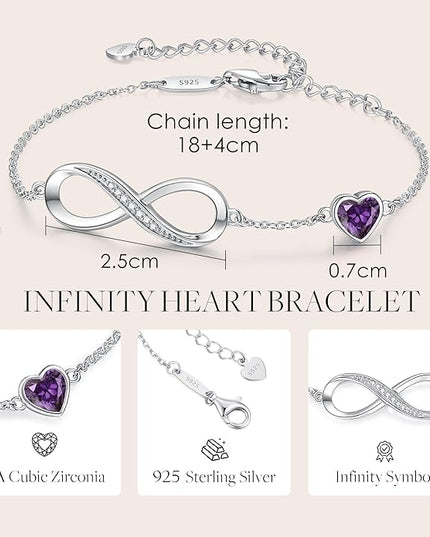 CDE Valentine's Day Gift Infinity Heart Birthstone Charm Link Bracelet for Women 925 Sterling Silver Adjustable Mother's Day Christmas Day Gift Anniversary Birthday Jewelry for Wife Girlfriend Her