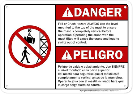 Danger Fall Or Crush Hazard Always Use The Level Mounted Bilingual Sign, 10x7 Inches, 55 mil thick HDPS (high density polystyrene), Made in USA by My Sign Center