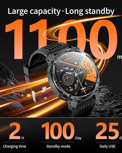 Mens Smart Watch for Android Phones and iPhone,Military Sport Smart Watches for Men Fitness Tracker Watch with Flashlight/Compass/Waterproof/100 Days Battery/Heart Rate/Sleep/100+ Sport Modes