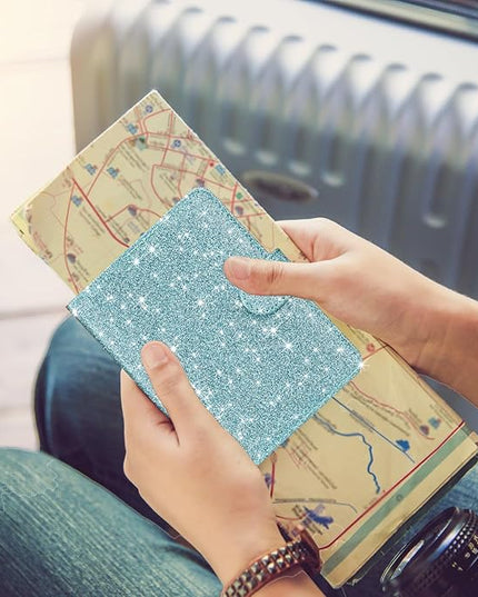 HOTCOOL Passport Holder Travel Essentials Airplane & Cruise Essentials Ship Leather Wallet Cover Case RFID Blocking Women & Men Vacation Travel Accessories Gifts Deals, Glitter - Blue