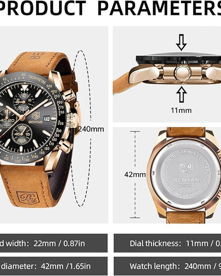 BY BENYAR Watch for Men Analog Quartz Chronograph Waterproof Luminous Designer Mens Wrist Watches Business Work Sport Casual Dress Watch with Silicone Strap Elegant Gifts for Men