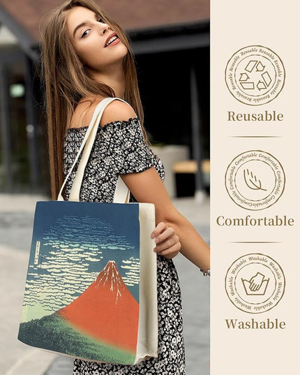 AUSVKAI Canvas Tote Bag Aesthetic for Women, Cute Reusable Bags with Pockets & Snaps for Beach Shopping College Gym Grocery
