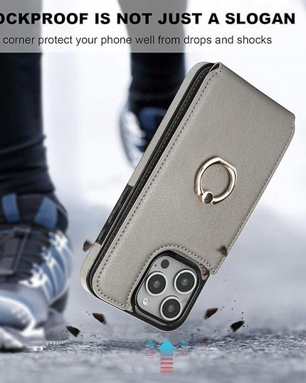 Folosu Compatible with iPhone 16 Pro Max Case Wallet with Card Holder, 360°Rotation Finger Ring Holder Kickstand, RFID Blocking Leather Protective Double Buttons Shockproof Cover 6.9 Inch Gray