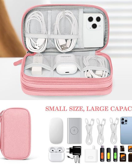 FYY Electronic Organizer, Travel Bag, Pouch, Carry Case Portable Waterproof Double Layers for Cable, Cord, Charger, Phone, Earphone Pink