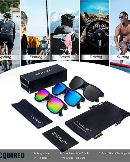 KALIYADI Sunglasses Men Polarized Sun glasses for Mens Womens Classic Matte Black Frame UV Protection 3pack
