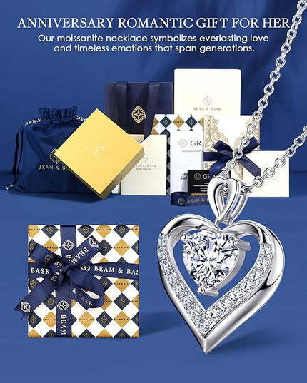 Beam & Bask 2-3 Ct Moissanite Double Heart Pendant Necklaces for Wife, 18K Gold Plated S925 Silver Jewelry for Women Girlfriend Mom Her on Anniversary Birthday