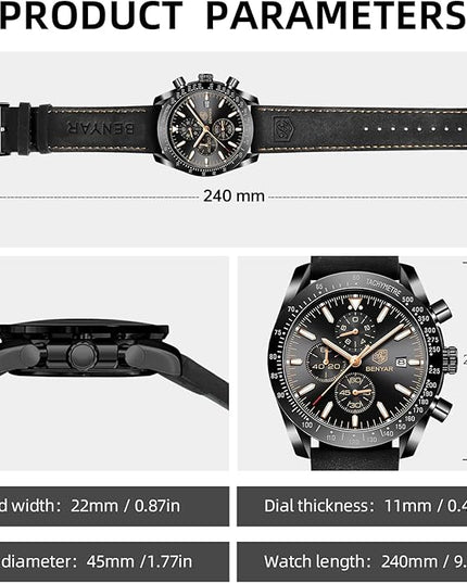 BY BENYAR Watch for Men Analog Quartz Chronograph Waterproof Luminous Designer Mens Wrist Watches Business Work Sport Casual Dress Watch with Silicone Strap Elegant Gifts for Men