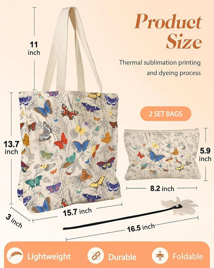 Aesthetic 2 Pack Canvas Tote Bag - with Makeup Pouch Bag for Women Reusable Grocery Bag for Gym, Travel, Work