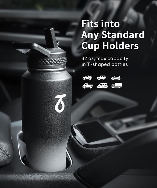 Trebo Water Bottle 32oz with Paracord Handle,Food-grade Double Wall Vacuum Stainless Steel Insulated Tumbler Flask with Straw Spout Lids,Leakproof Keep Cold & Hot,Fit in Any Car Cup Holder,Dark Gray