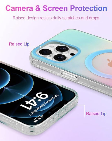 Aesthetic Case for iPhone 12 Pro Max Case for Women Girls, Compatible with Magsafe, Cute Girly Trendy Glitter Sparkly Rainbow Magnetic Protective Phone Cover, Matte Iridescent Blue & Pink