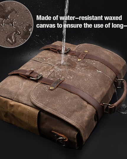 Mens Messenger Bag 15.6 Inch Waterproof Vintage Genuine Leather Waxed Canvas Briefcase Large Leather Computer Laptop Bag Rugged Satchel Shoulder Bag, Brown