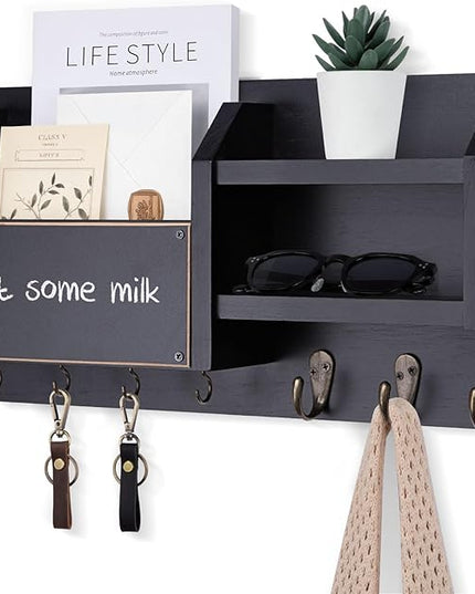 Lwenki Mail and Key Holder – Wall Mount Key Hanger with Shelf and 7 Metal Hooks – Decorative Natural Paulownia Wood Entryway Organizer with Mounting Hardware (16.5”W x 8.7”H x 3.5”D) (Black)