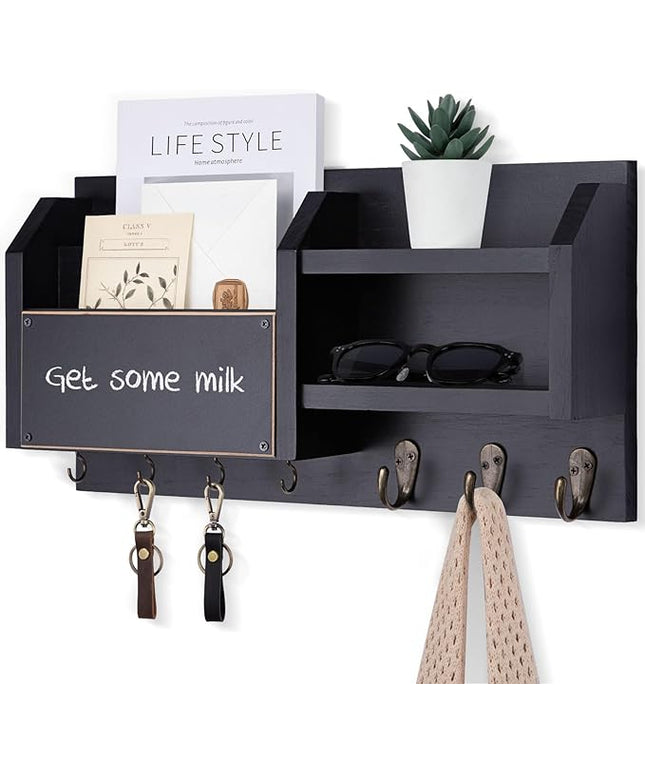 Lwenki Mail and Key Holder – Wall Mount Key Hanger with Shelf and 7 Metal Hooks – Decorative Natural Paulownia Wood Entryway Organizer with Mounting Hardware (16.5”W x 8.7”H x 3.5”D) (Black)
