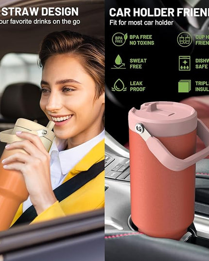 40 oz Insulated Tumbler with Top Handle and Flip Straw, Vacuum Insulated Stainless Steel Cup with Leak-Proof Lid, Sweat-Free, Fits Cup Holder, Keeps Ice Cold up to 30 Hours