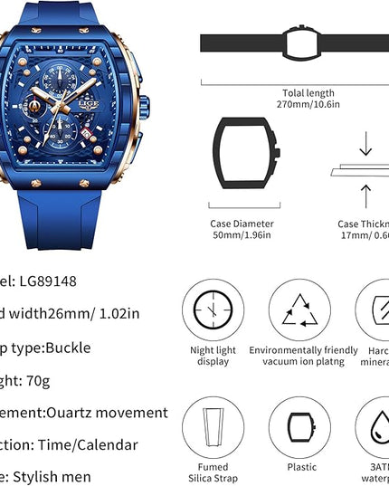 Mens Watches,Unique Rectangular Quartz Analog Watch,Outdoor Sports Multi-Function Watch,Chronograph/Waterproof/Luminous/Calendar,Durable Silicone Strap Mens Casual Watches