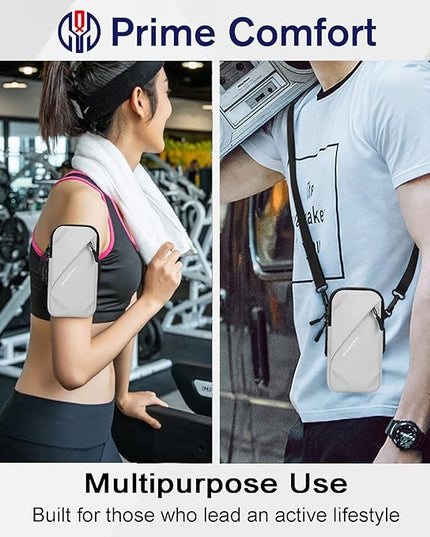Phone Holder, Small Crossbody Shoulder Holsters Bag with Arm Band, Fits iPhone and Android, Use for Running, Walking, Hiking & Biking (6.7 Inches, Grayish White)