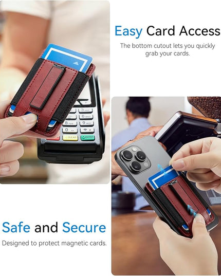 BIAJIYA Phone Wallet Sticky Back with Stand - Holds 6 Cards for iPhone & Samsung, Ultra Thin Leather & Stretch Fabric Card Holder (WinRed)