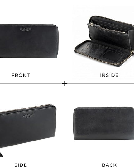 BERLINER BAGS Vintage Genuine Leather Wallet Margo, RFID Blocking Credit Card Holder, Slim Womens Wallet, Zip Around Wallet for 13 Cards and ID window, Bills, Coins - Dark Grey