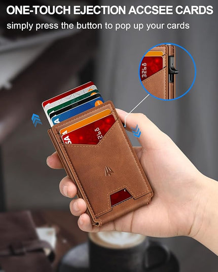 Ruiici Wallet for Men, Slim Minimalist Wallet with Money Clip＆ID Window, RFID Blocking Pop-Up Credit Card Holder, Smart Auminum Mens Wallet Holds 9-13 Cards (Gift Box) (Brown)