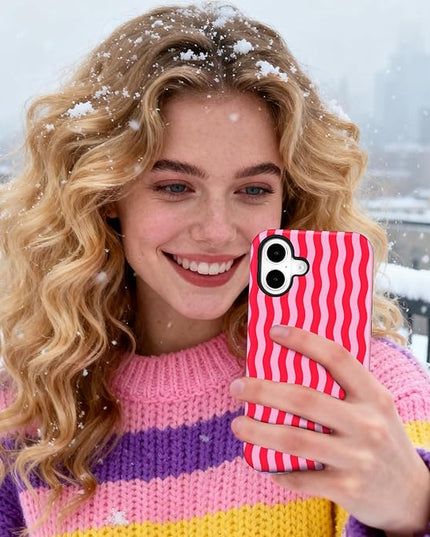 Magnetic for iPhone 17 Case Cute Wavy Stripes Phone Case, Shockproof Slim TPU and Hard PC Protective Phone Cover Compatible with MagSafe Designed for Women Girls, Red